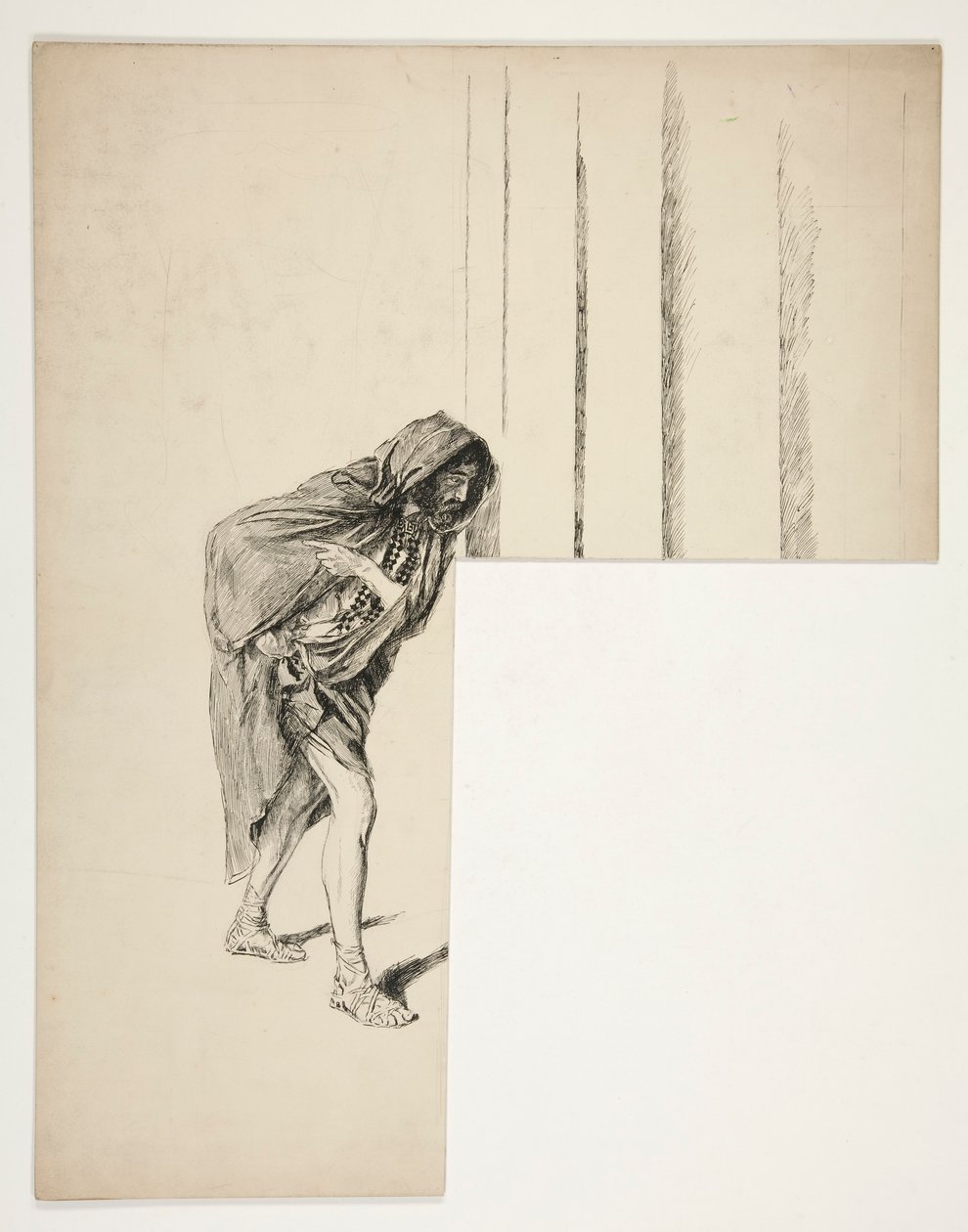 Vandrende mann i kappe, skisse til et uidentifisert Shakespeare-skuespill av Edwin Austin Abbey