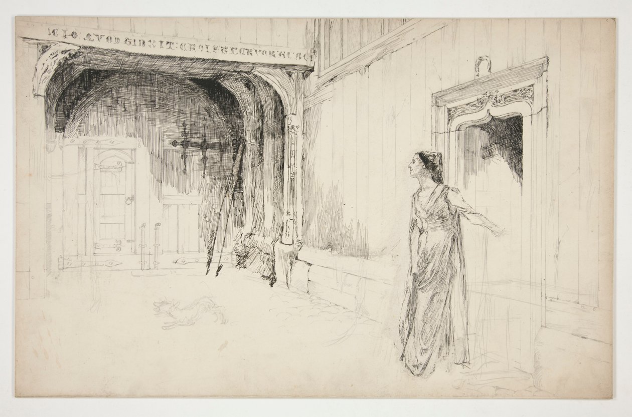 Kvinne og hund i et interiør - (uidentifisert illustrasjon for et skuespill?) av Edwin Austin Abbey