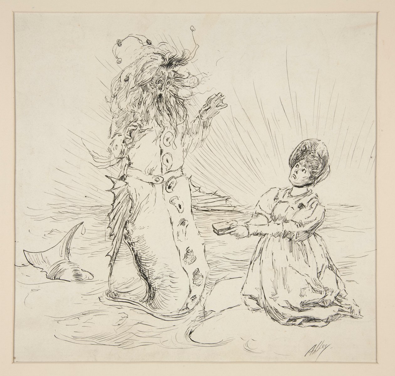 Kvinne og slange på stranden, skisse for The Lay of the Lobster av Edwin Austin Abbey