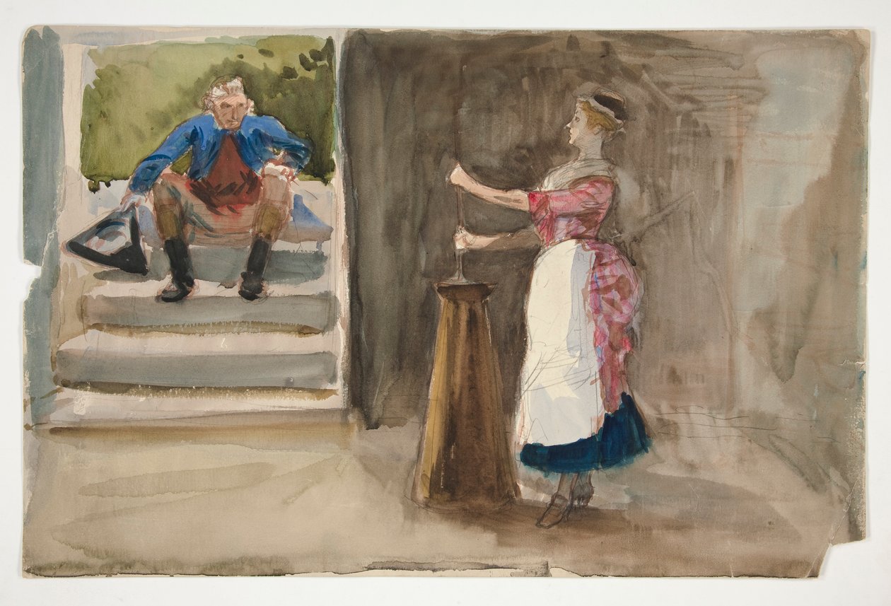 Kvinne som kjerner smør, mann i revolusjonær kjole ser på - (uidentifisert illustrasjon) av Edwin Austin Abbey