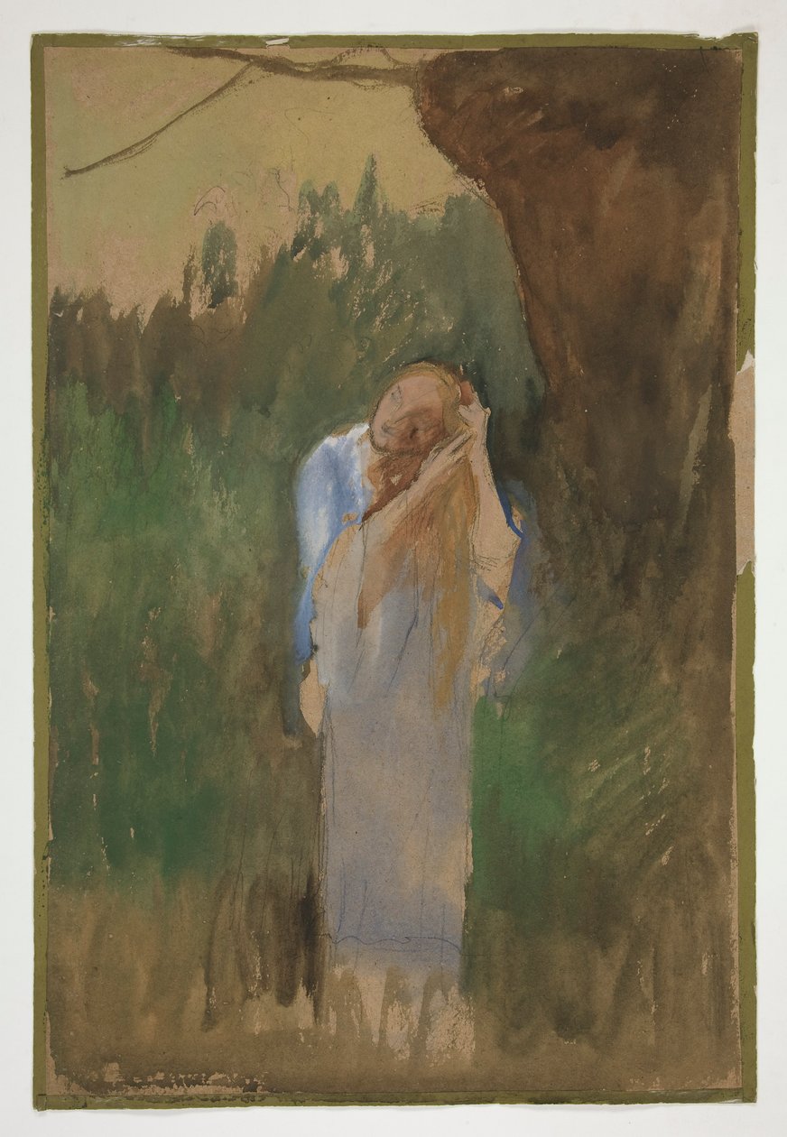 Kvinne i landskap, gre det lange, blonde håret sitt - (uidentifisert illustrasjon) av Edwin Austin Abbey