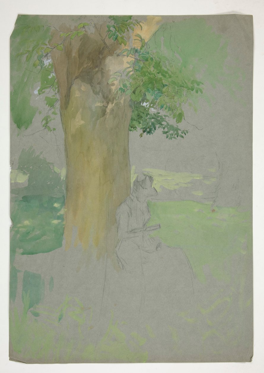 Kvinne sitter under et tre og leser av Edwin Austin Abbey