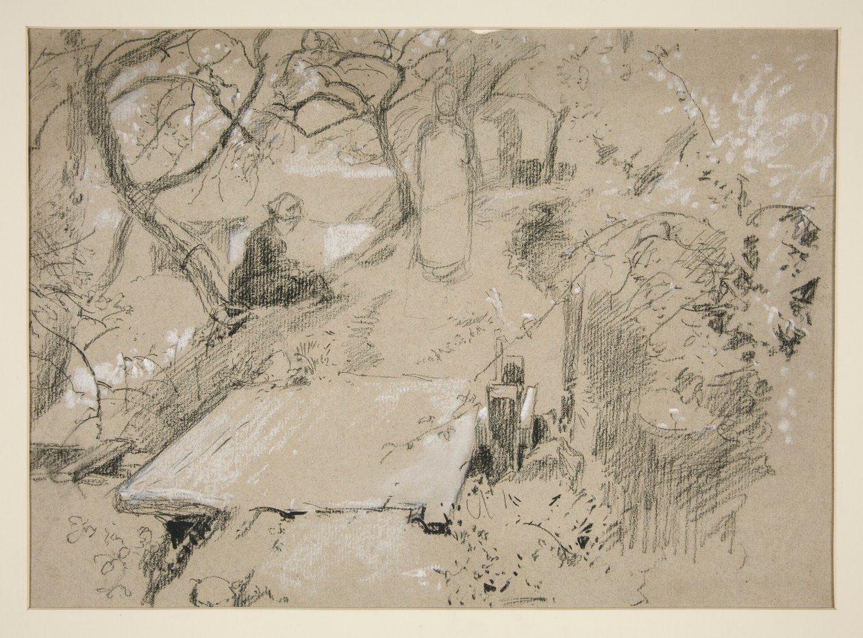 Kvinne sitter på benk i en hage eller offentlig park - uidentifisert illustrasjon av Edwin Austin Abbey