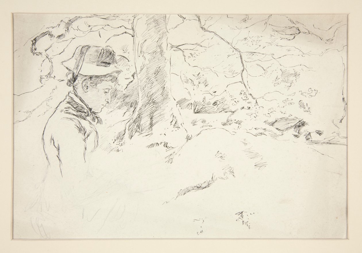 Kvinne sitter i hagen - uidentifisert illustrasjon av Edwin Austin Abbey