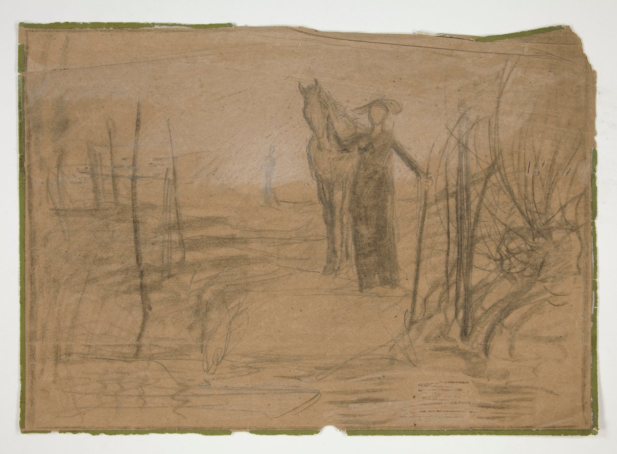 Kvinne med hest i landskap - uidentifisert illustrasjon av Edwin Austin Abbey