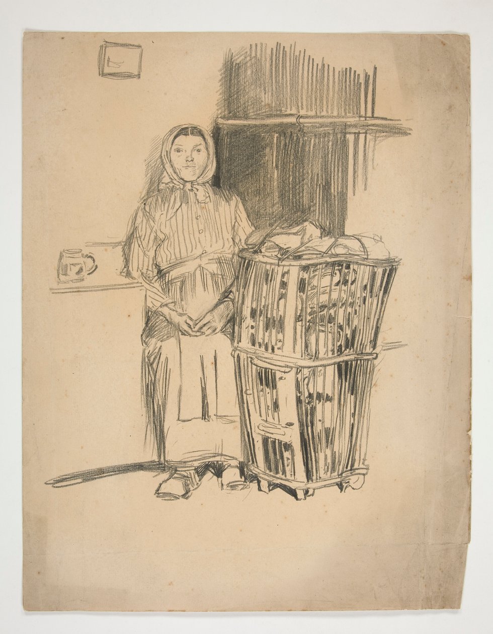 Kvinne med skittentøyskurv(?) - uidentifisert illustrasjon av Edwin Austin Abbey