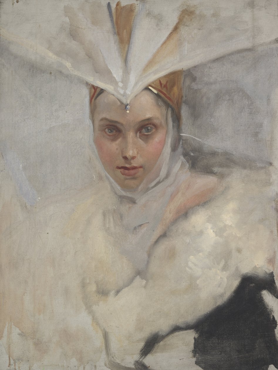 Kvinne med fiskeørnhodeplagg og hvit pelskrage, 1897 av Edwin Austin Abbey