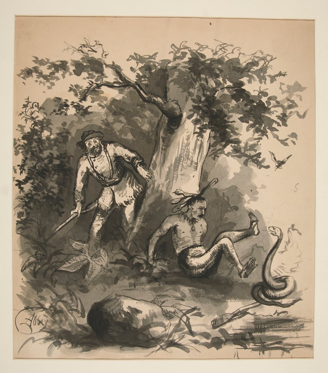 Skogsscene av en jeger, en indianer og en slange - uidentifisert illustrasjon av Edwin Austin Abbey