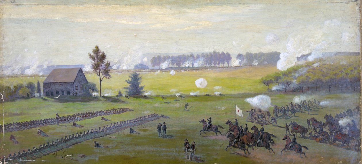 Amerikansk borgerkrig 1861-1865: Slaget ved Gettysburg 1.-3. juli 1863 som avsluttet Lees invasjon av nord. Tyngste amerikanske tap enn i noen andre i krigen. Olje av Edwin Austin Forbes