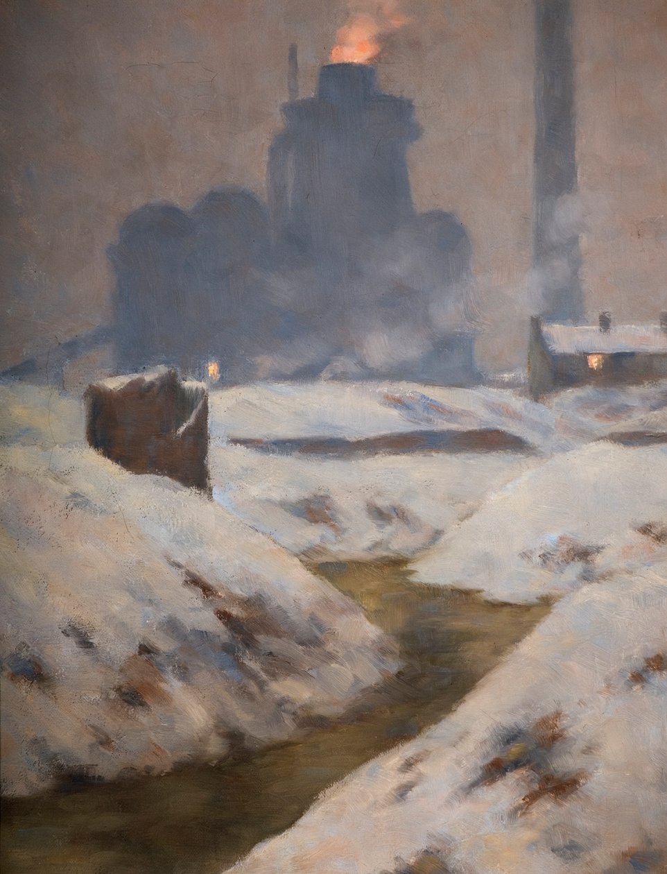 Ovn og snø, landskap (olje på lerret) av Edwin Butler Bayliss