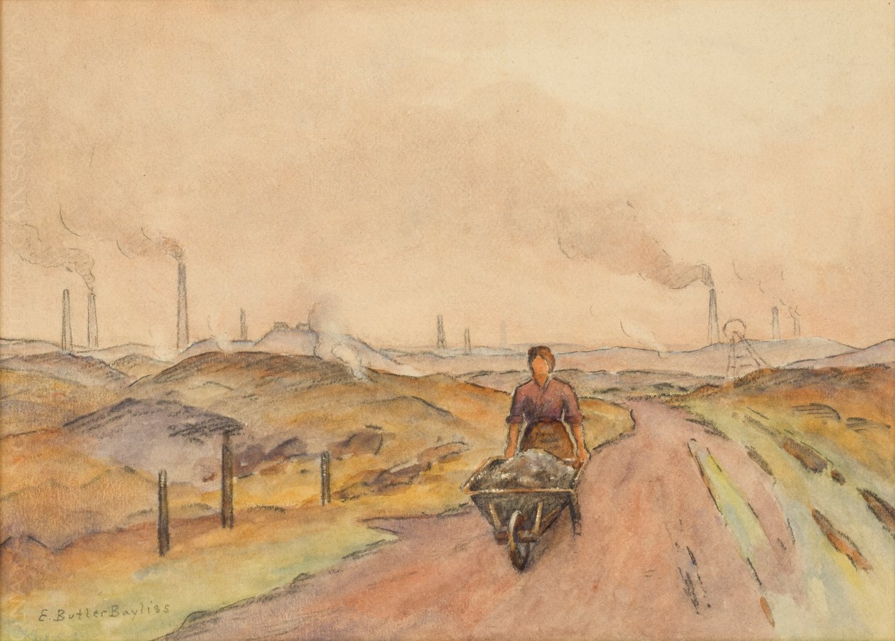 Industriell scene, mann med trillebår (akvarell med kull på papir) av Edwin Butler Bayliss