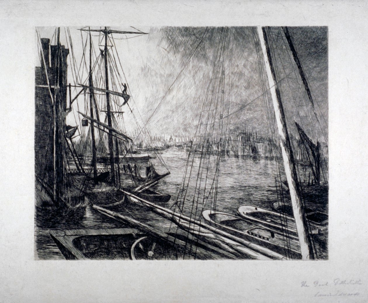 Pool of London from Rotherhithe, with ships in the foreground, c1890.                          1178785   no       norwegian Successfully Translated  Original: Allegorisk blad. En engel lægger hånden på en mands skulder og peger på en statue Translat: Alleg av Edwin Edwards
