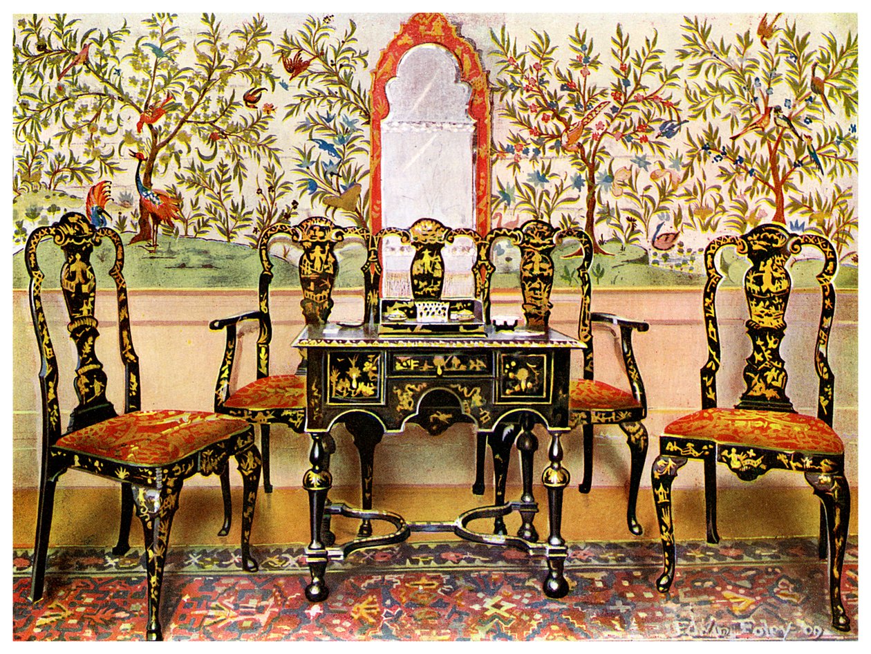 Svart lakk sofa, stoler og bord og rødt lakkert speil, 1910. av Edwin Foley