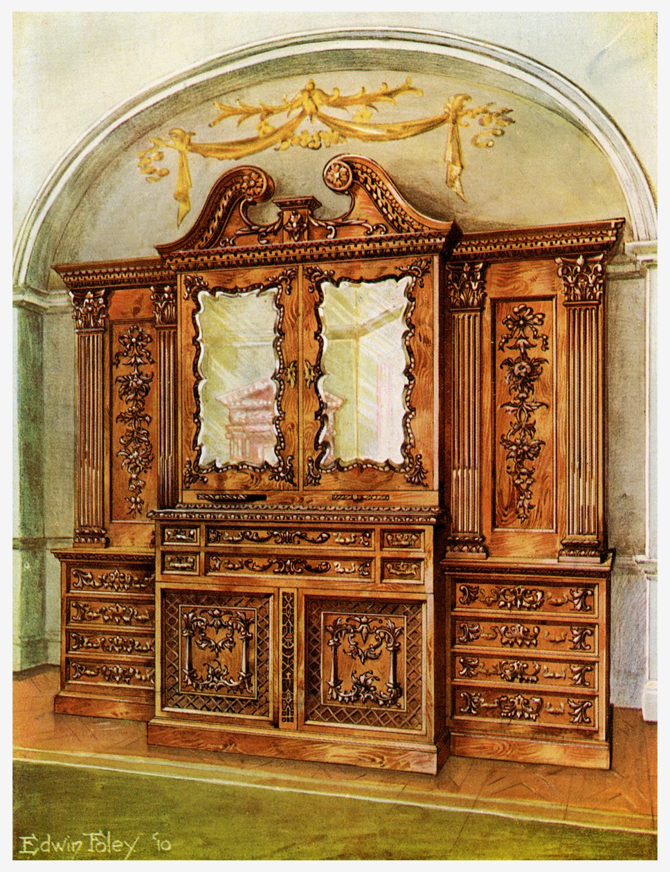 Utskåret lukket bokhylle i mahogni, stil med Chippendale, fransk innflytelse, 1911-1912. av Edwin Foley