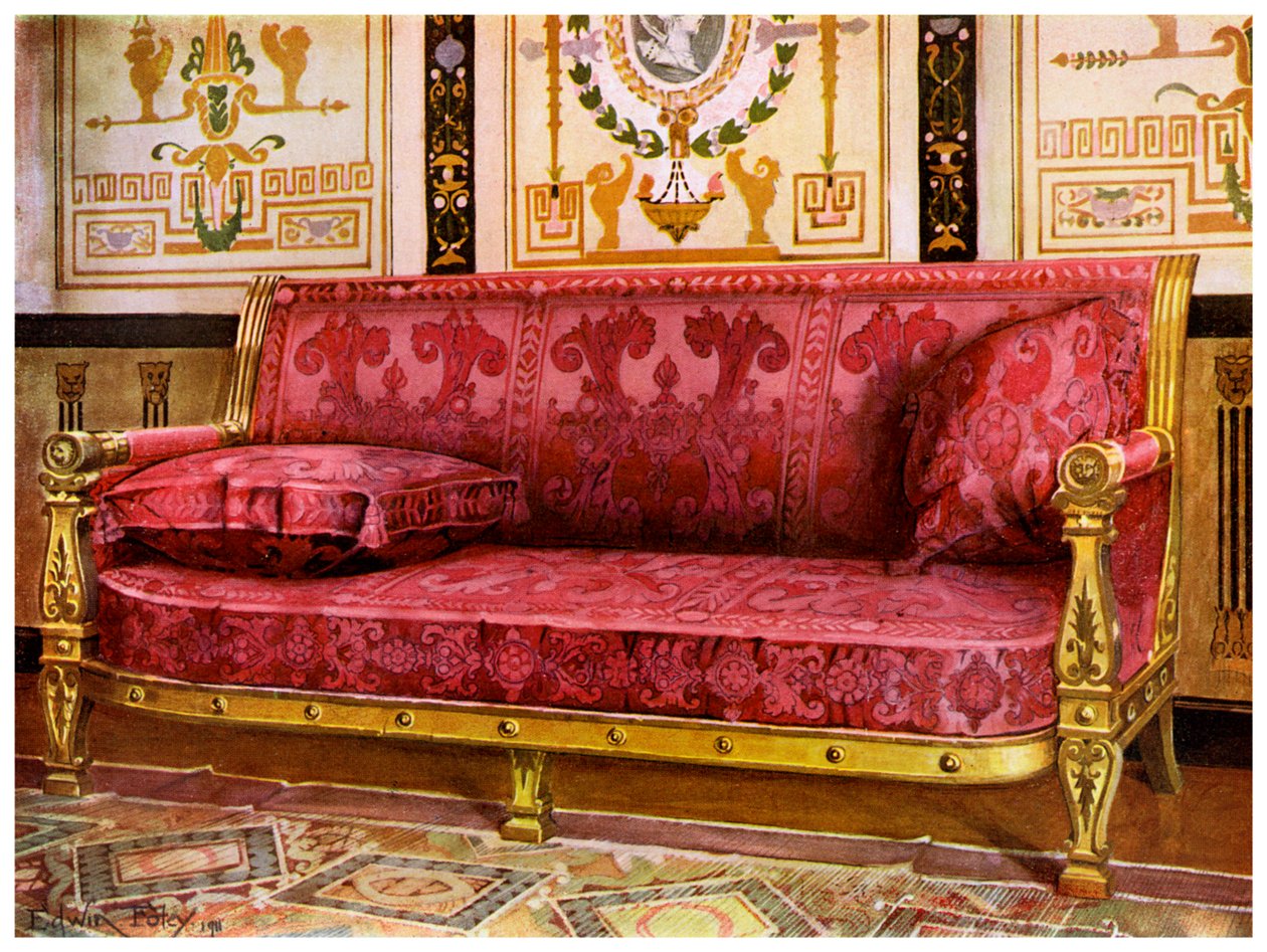 Utskåret forgylt sofa dekket med rose Brocade de Lyon, 1911-1912. av Edwin Foley