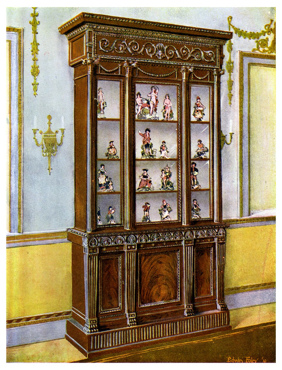 Utskåret mahogny-porselaske påvirket av Adam Brothers, 1911-1912. av Edwin Foley