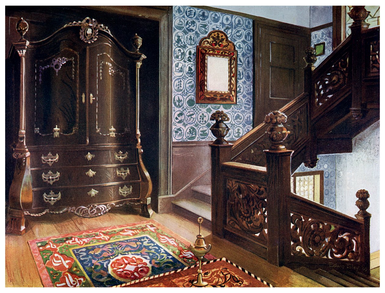 Utskåret valnøtt bombe garderobe med jagde fester, 1910. av Edwin Foley