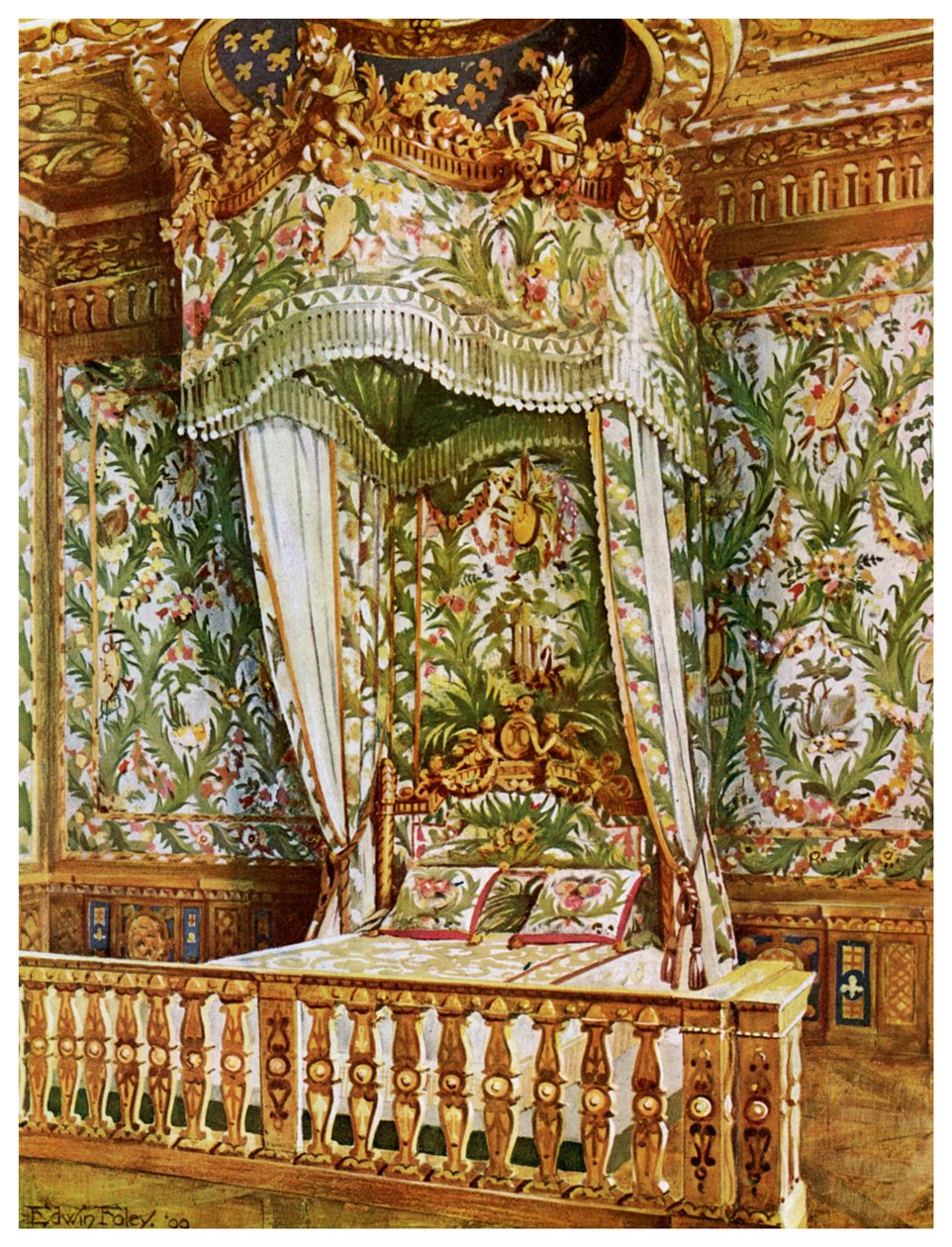 Forgylt statsseng av Marie Antoinette, Queens Bedroom, Palace of Fontainebleau, Frankrike, 1911-1912. av Edwin Foley