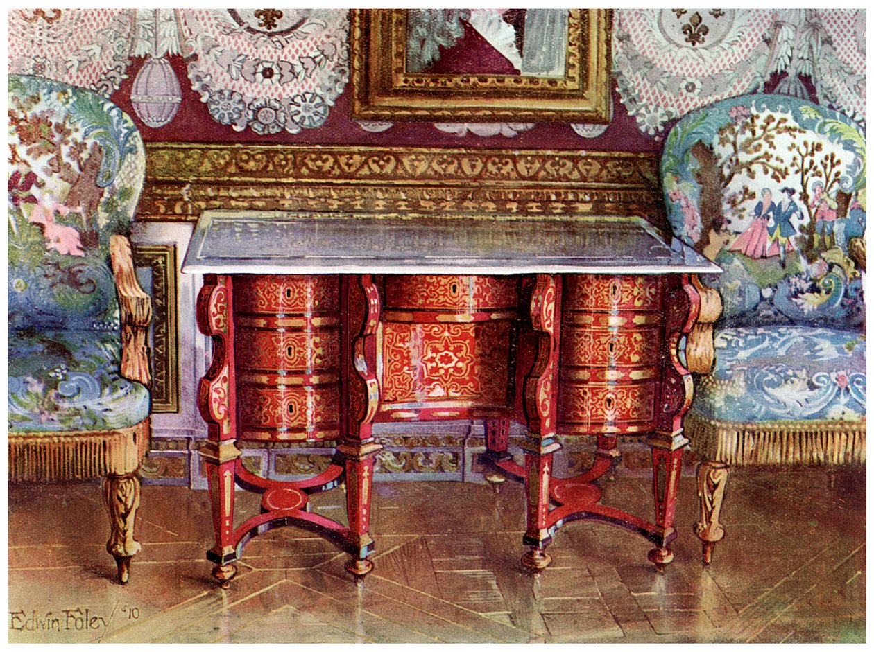 Knehullsskrivebord og forgylte fauteuils, 1910 av Edwin Foley