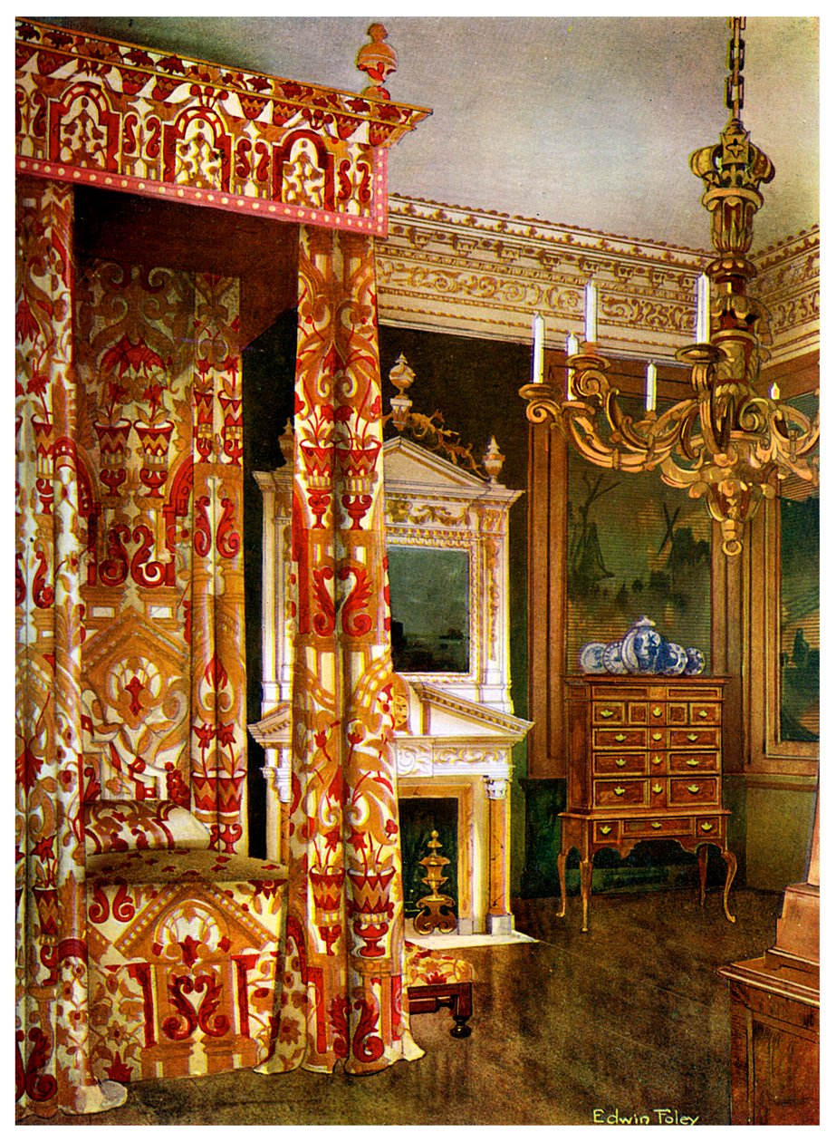 Dronning Annes seng, kommode på stativ og en trekandelaber, 1910. av Edwin Foley