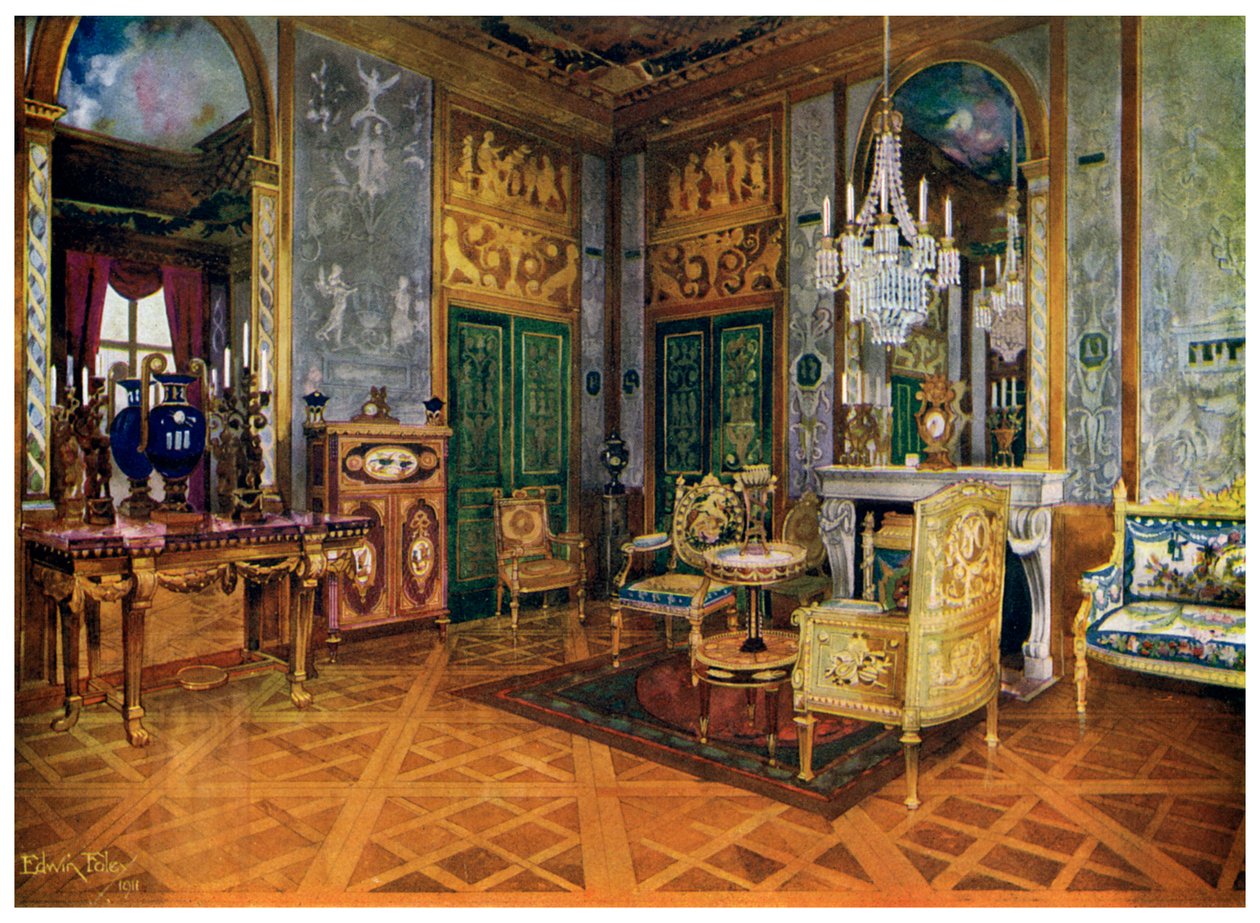 Music Room of Marie Antoinette, soverom, Palace of Fontainebleau, Frankrike, 1911-1912. av Edwin Foley