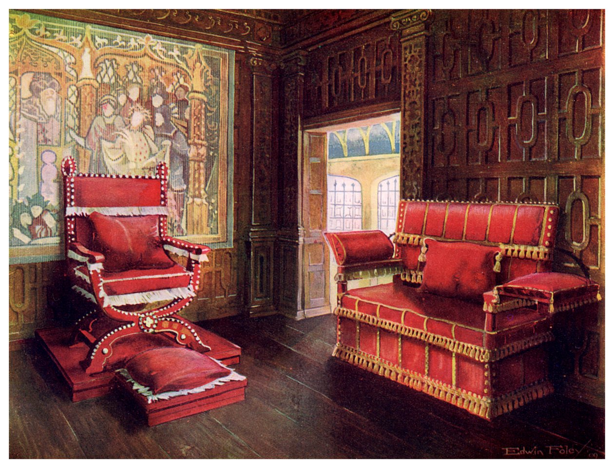 Polstret stol og sofa med justerbare gavler, 1910. av Edwin Foley
