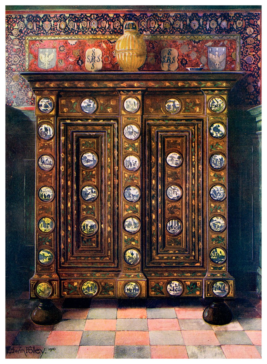 Valnøtt kas innlagt og med malte medaljonger av Delft ware, 1910. av Edwin Foley