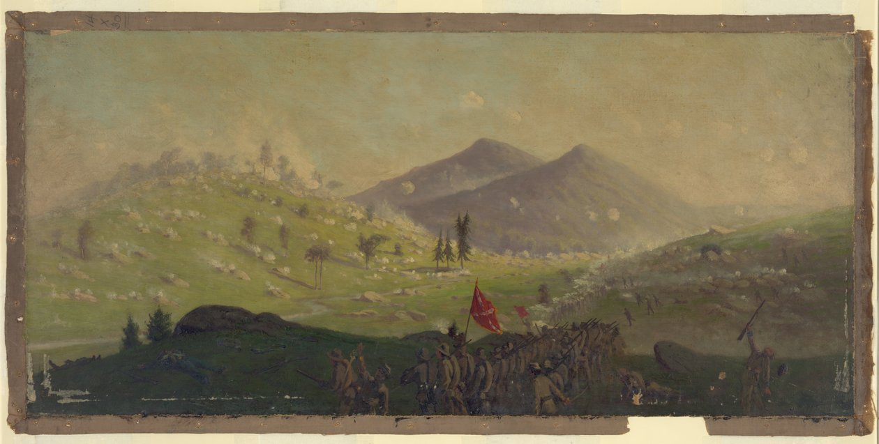 Angrep på Little Round Top holdt av 5. korps kommandert av general Sykes av Edwin Forbes