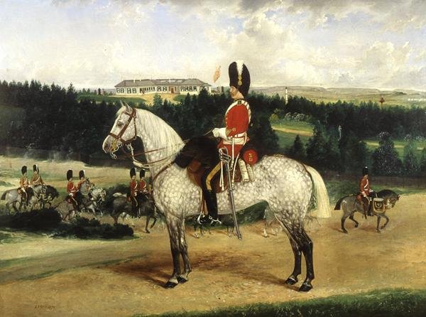 En skvadronsersjantmajor, en vannkoker-trommeslager og en avdeling av Scots Greys av Edwin Frederick Holt