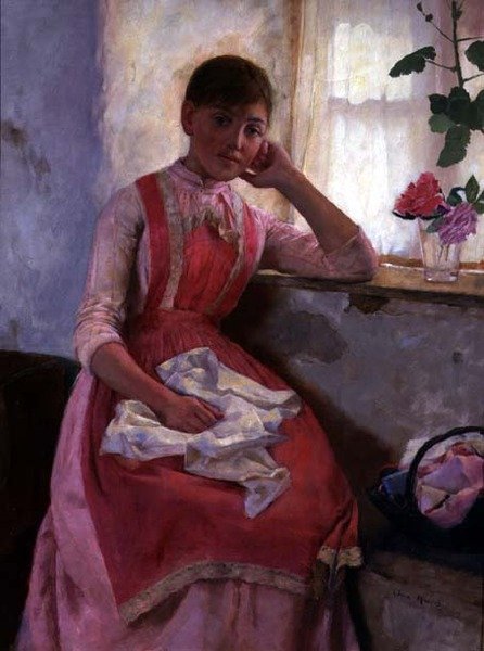 Portrett av en jente i et rosa forkle av Edwin Harris
