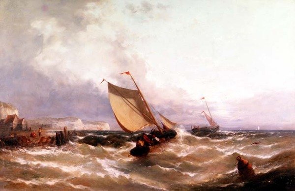 Fiskebåter utenfor en kystlinje av Edwin Hayes