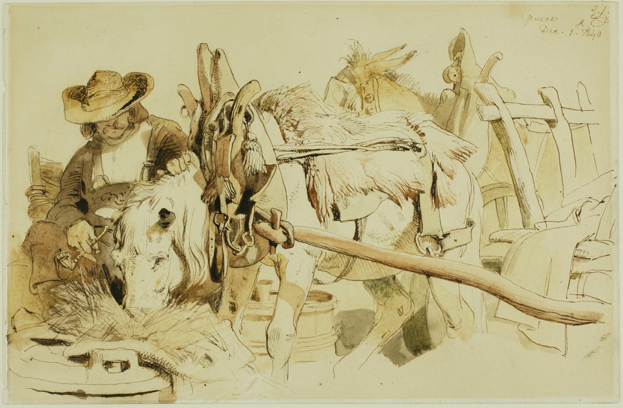 En bonde som mater ponnien sin i Genève (recto); Sittende munk (verso) av Edwin Henry Landseer