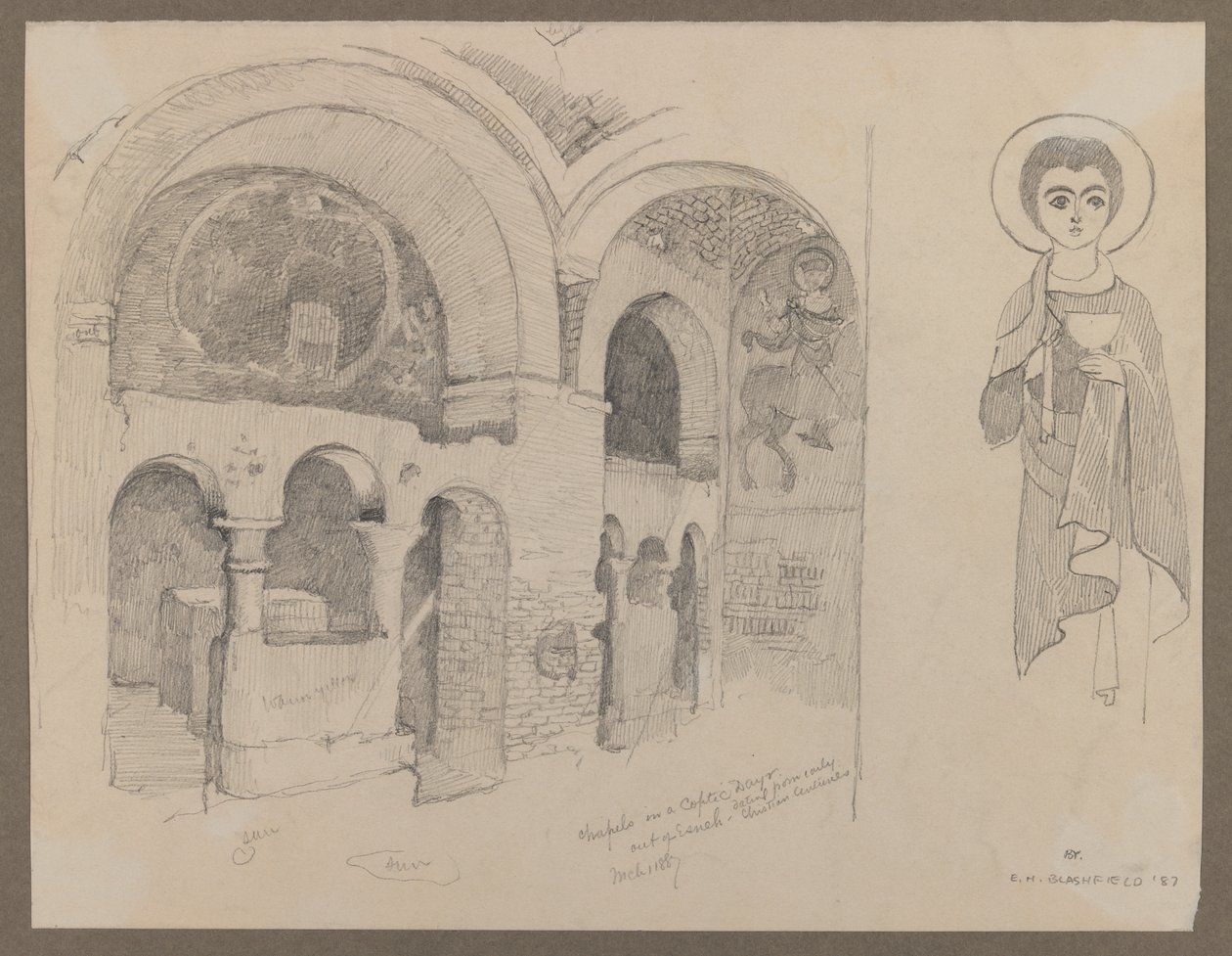 Tidlig kristent (koptisk) kloster i Esna, 1. mars 1887 (grafitt på papir) av Edwin Howland Blashfield
