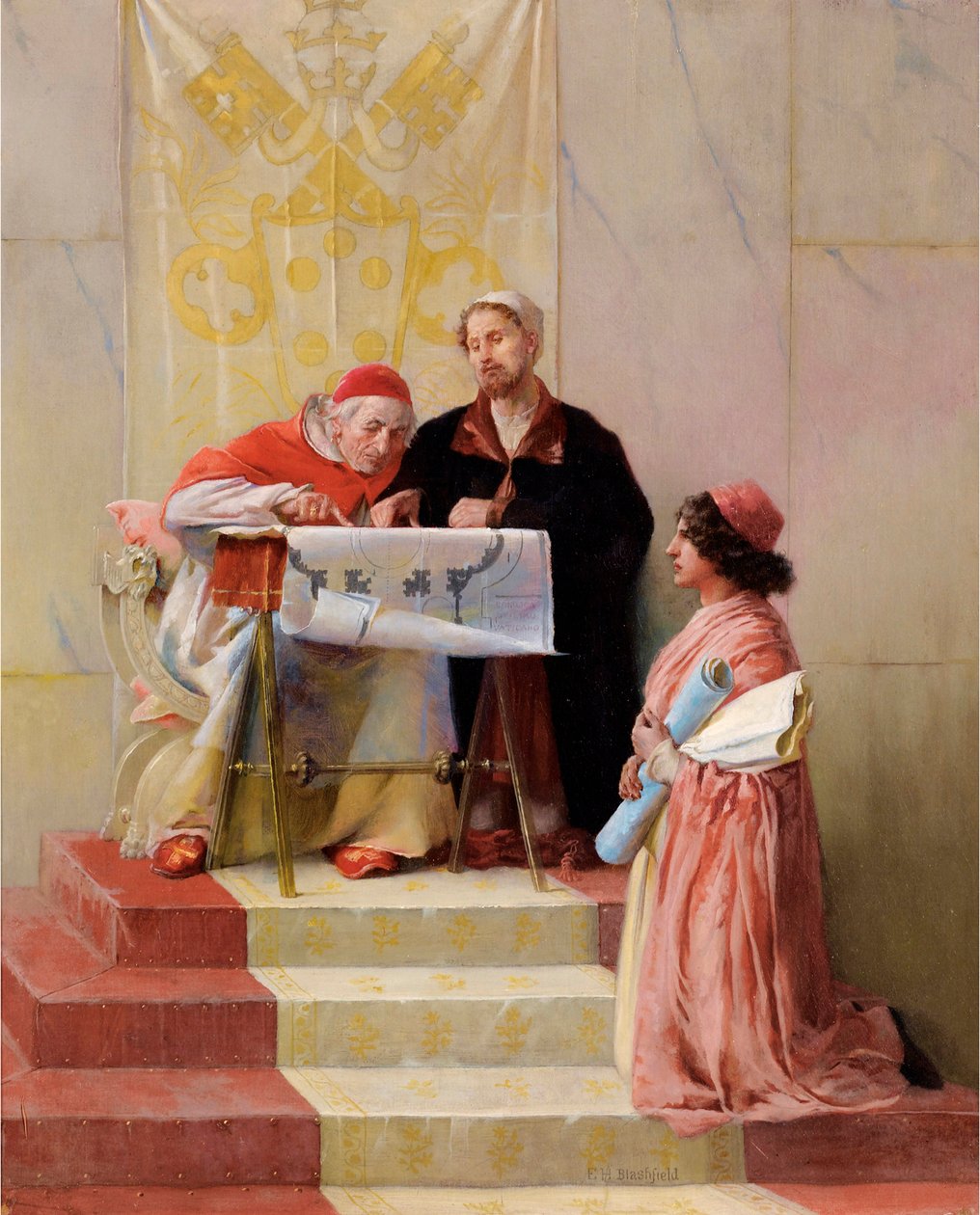 ""Pave Julius II ser på de arkitektoniske planene til Bramante (1444-1514) for Peterskirken av Edwin Howland Blashfield