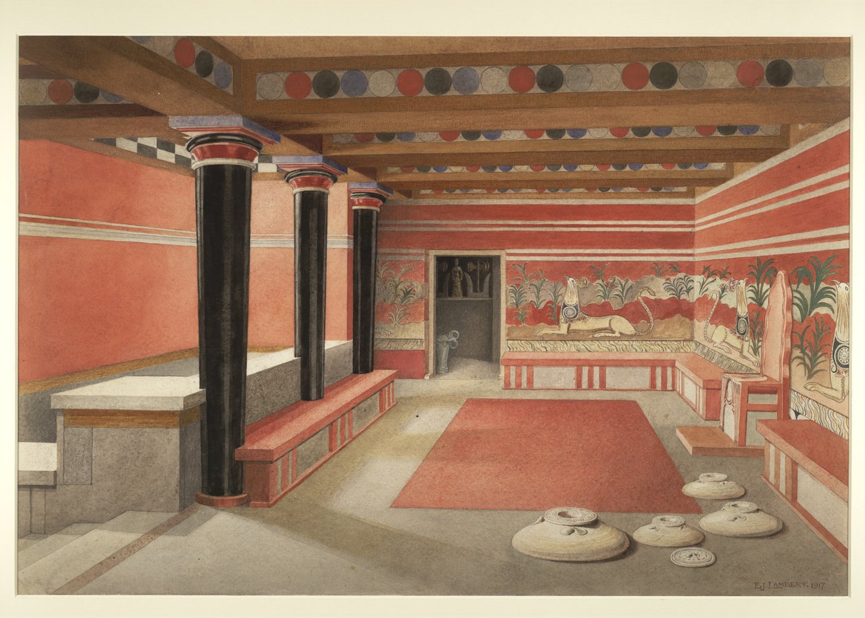 Maleri av det omskapte tronrommet til Minos-palasset på Knossos av Edwin J. Lambert