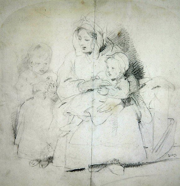 En mor med to barn (blyant på papir) av Edwin Landseer