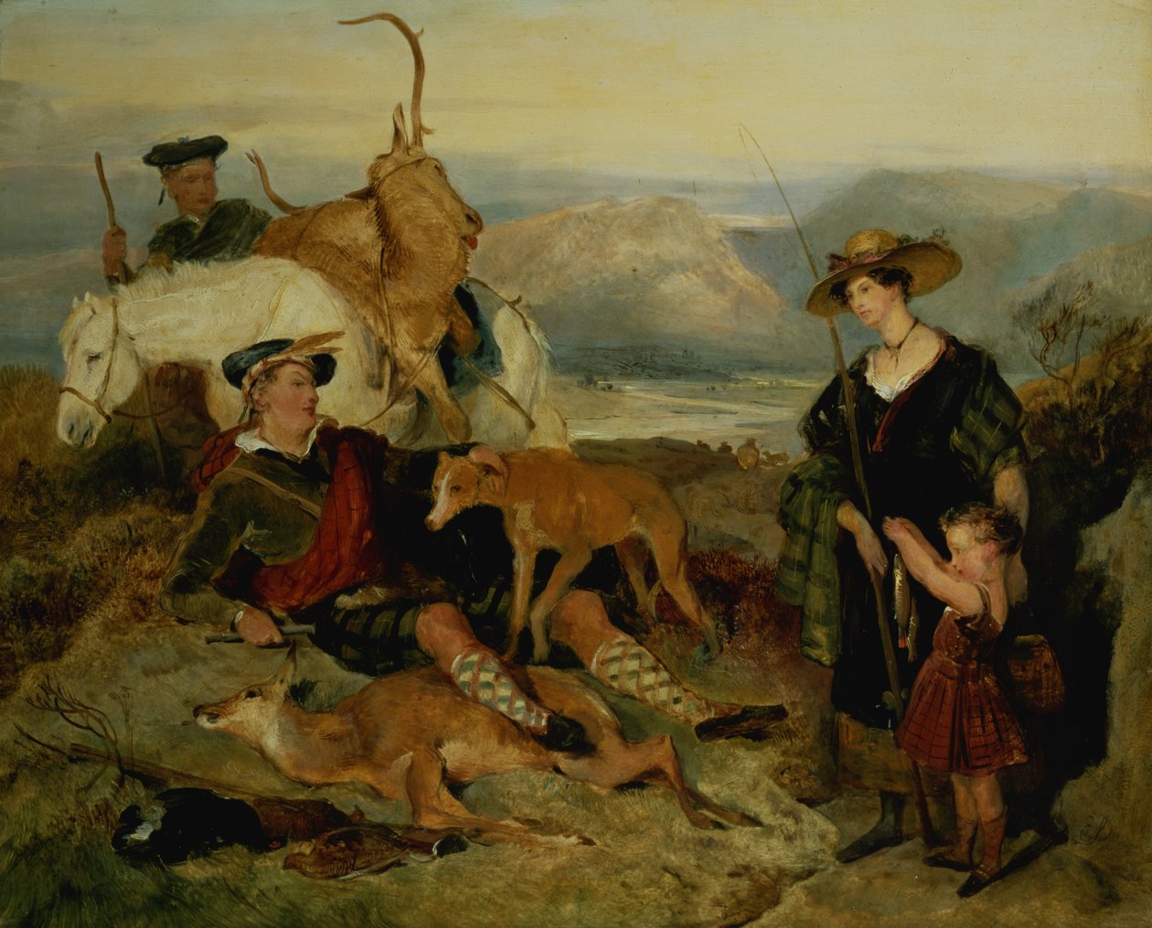 Deer Stalking in the Highlands, viser hertuginnen av Bedford, Duke of Gordon og Lord Alexander Russell (panel) av Edwin Landseer