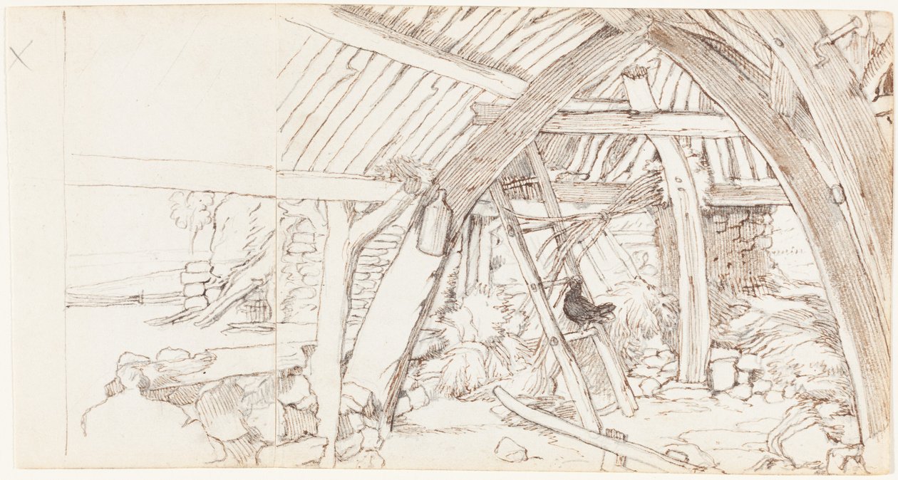 Låven (penn og brunt blekk over grafitt på to sammenføyde ark med vevd papir) av Edwin Landseer