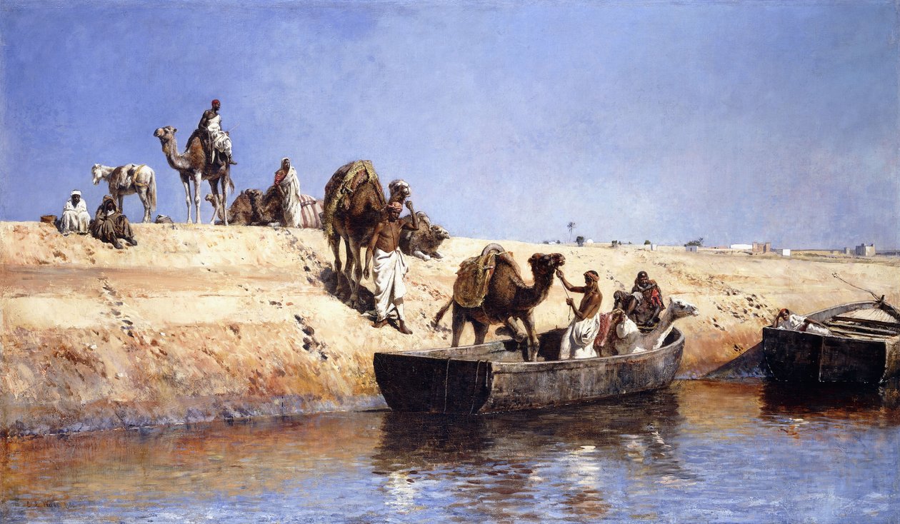 En ombordstigning av kameler på stranden ved Sale, Maroc, 1880 av Edwin Lord Weeks
