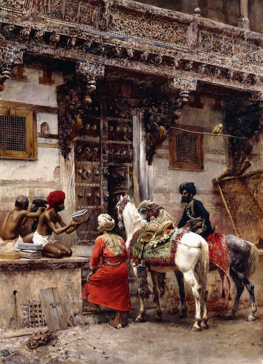 Håndverker som selger kofferter ved en teak-bygning, Ahmedabad, ca. 1885 av Edwin Lord Weeks