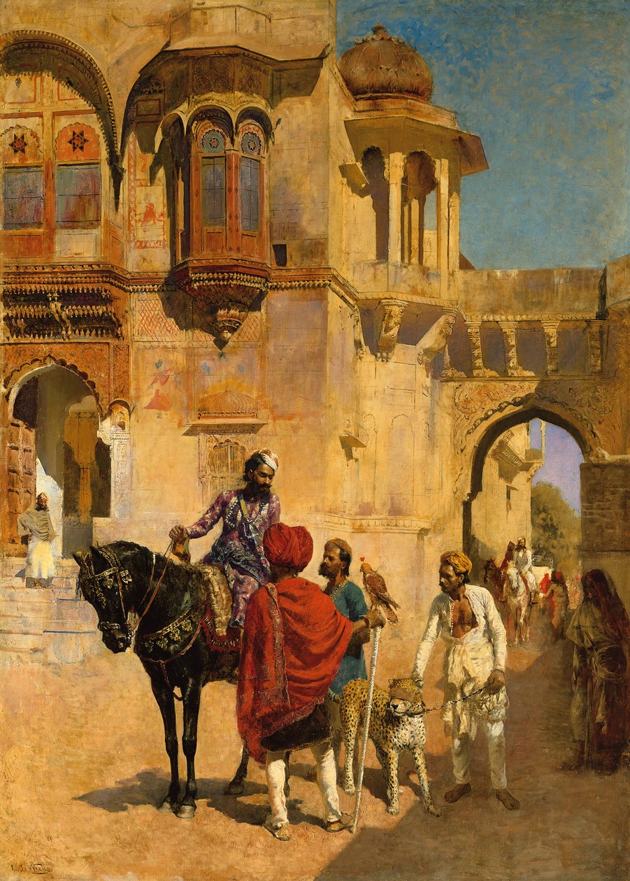Avgang for jakten i forgården til et palass i Jodhpore, ca. 1898-1900 av Edwin Lord Weeks