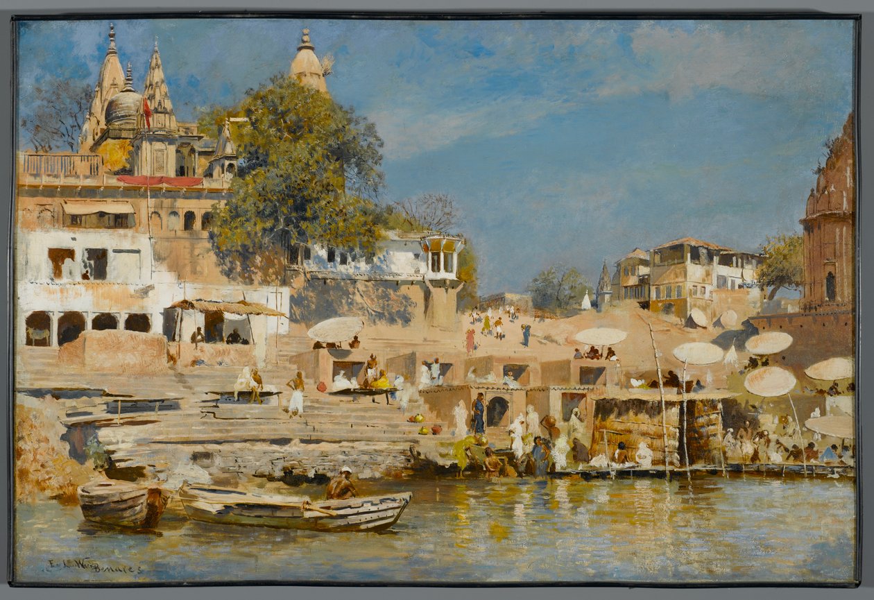 Templer og badeghat ved Benares, 1883-85 av Edwin Lord Weeks