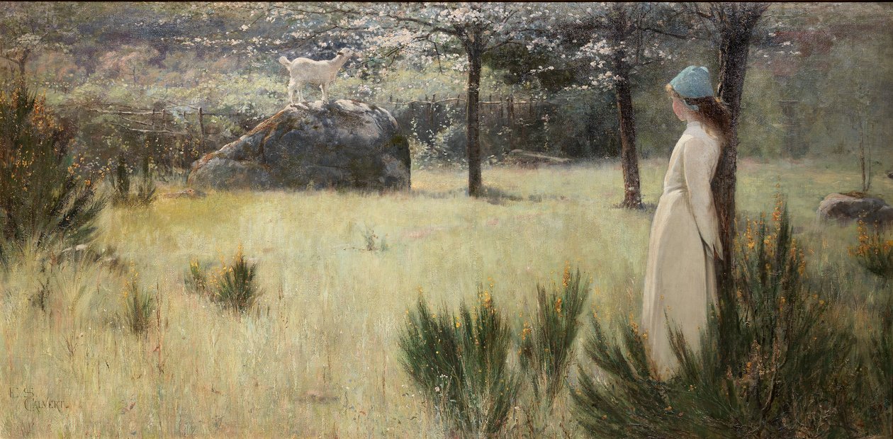 Den unge gjeterinnen og geiten hennes på et vårbeite av Edwin Sherwood Calvert