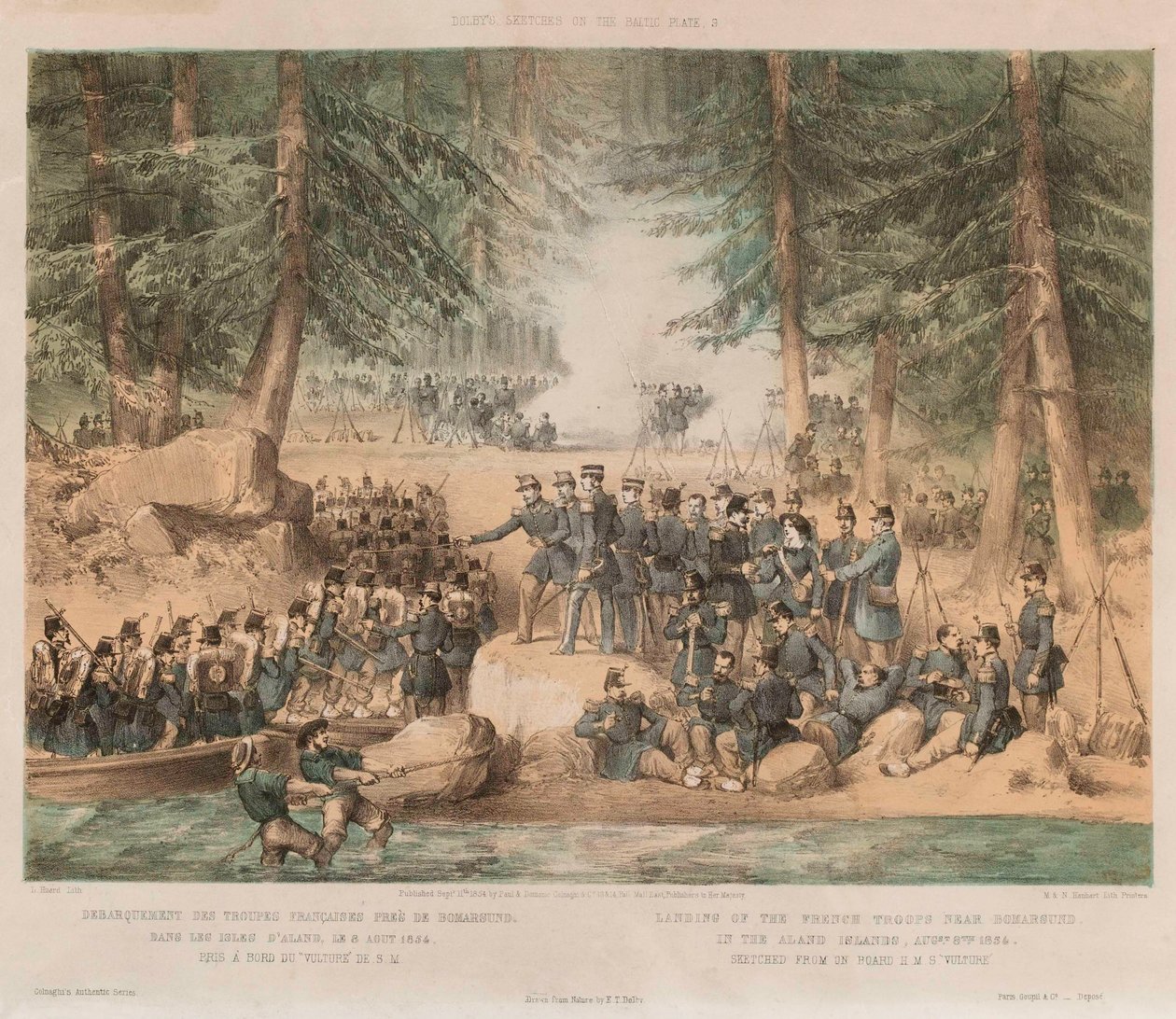Landing av de franske troppene nær Bomarsund på Åland, 8. august 1854 (litografi, tonet) av Edwin Thomas (after) Dolby