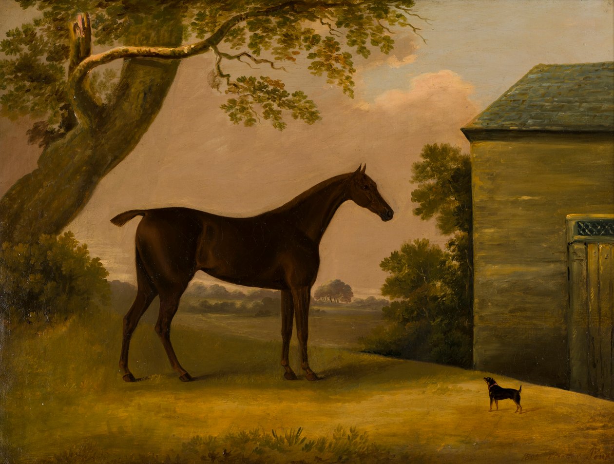 Bay Hunter og en terrior utenfor en stall, ca. 1805 (olje på lerret) av Edwin W. Cooper