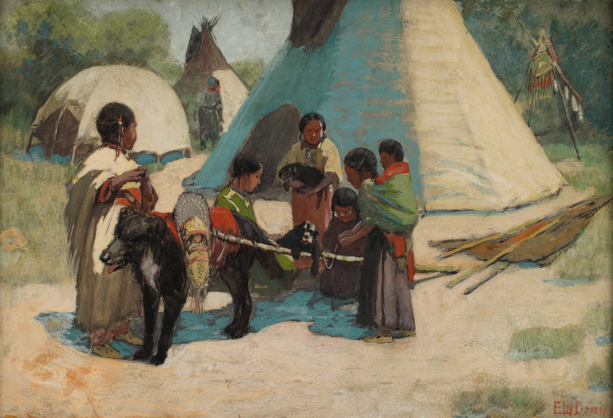 Dog Travois Blackfoot Camp, sent på 1800- og begynnelsen av 1900-tallet. av Edwin Willard Deming