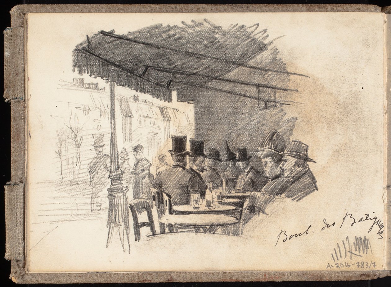 Utekafé i Paris, Boulevard des Batignolles, side fra Järnefelts skissebok av Eero Järnefelt