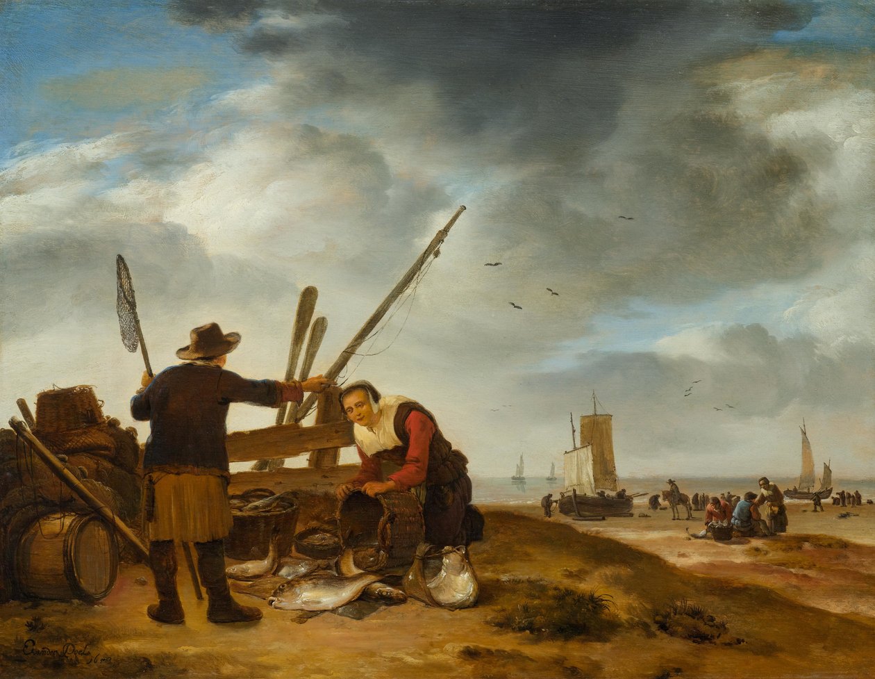Fiskeselger på stranden i Scheveningen av Egbert van der Poel