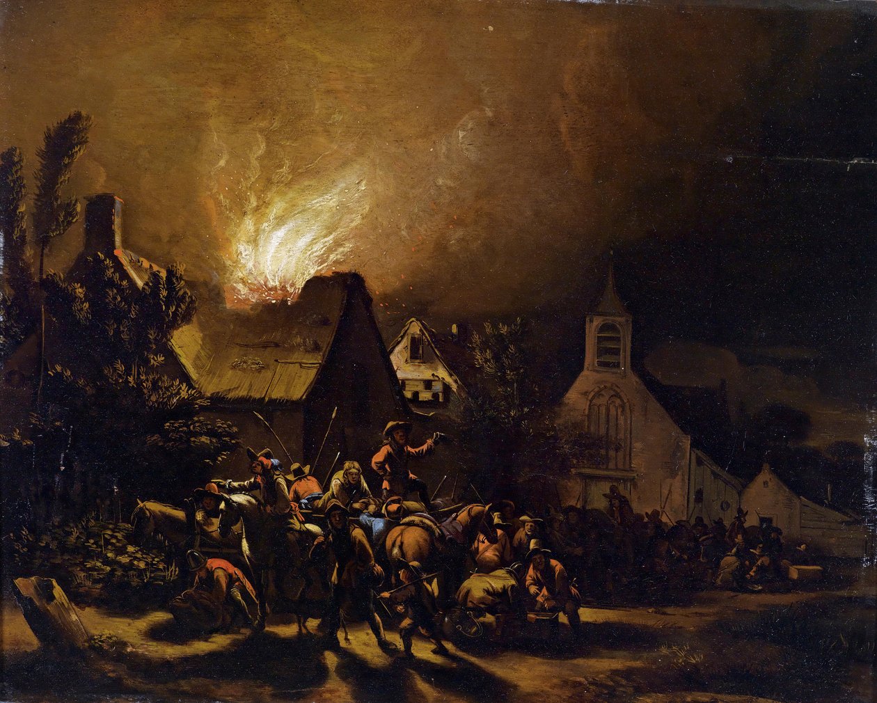 Marauders foran en brennende landsby av Egbert van der Poel