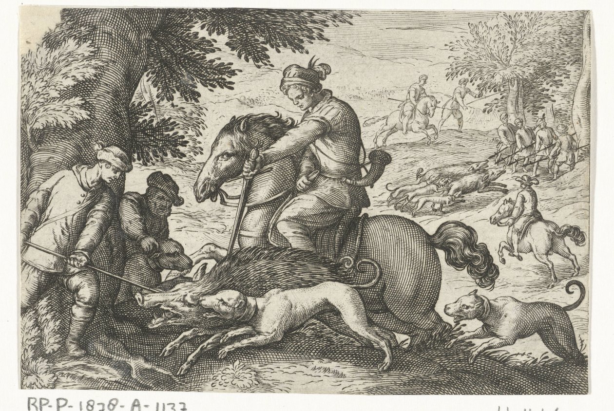 Kupert landskap med villsvinjakt Jaktscener (serietittel) Icones Venantum Arter Varias Representantes (serietittel) av Egbert Jansz.